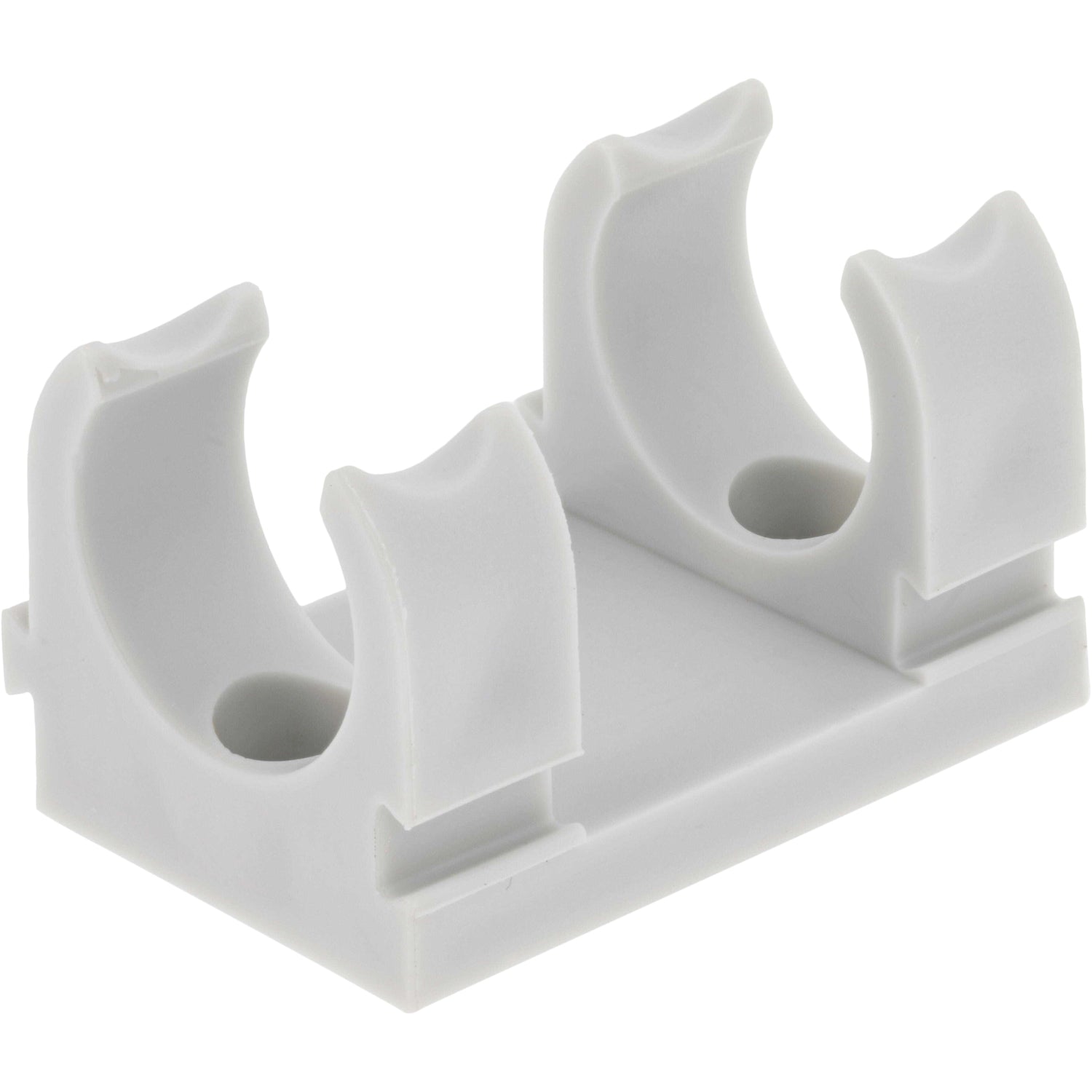 Grey/White plastic retainer part with two clips and two mounting holes shown on white background. 