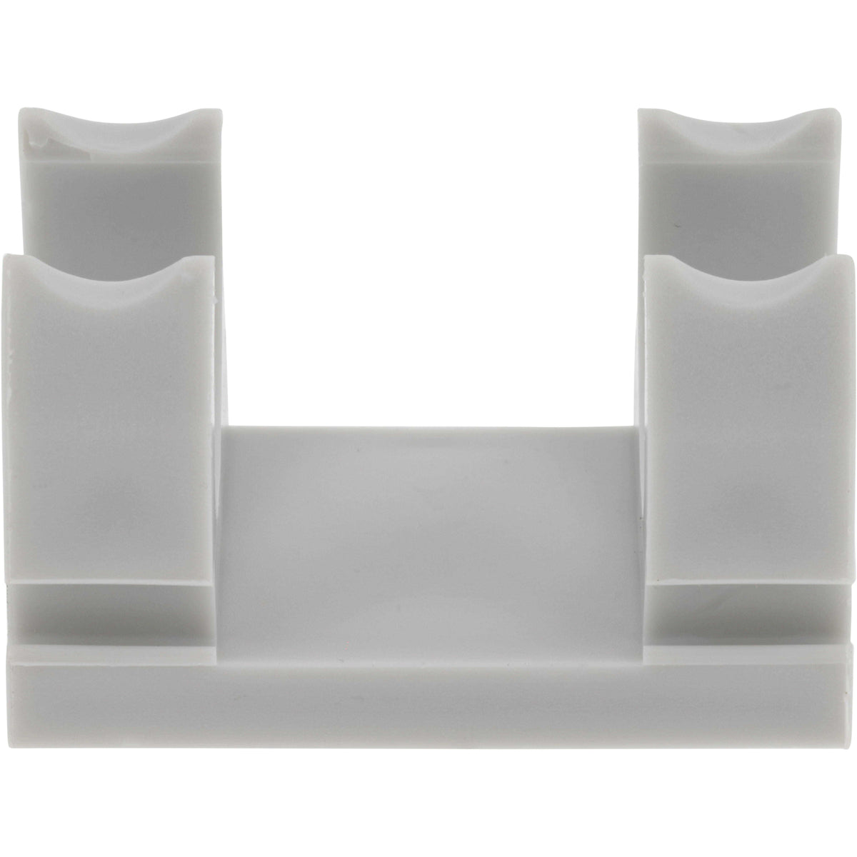 Grey/White plastic retainer part with two clips and two mounting holes shown on white background. 