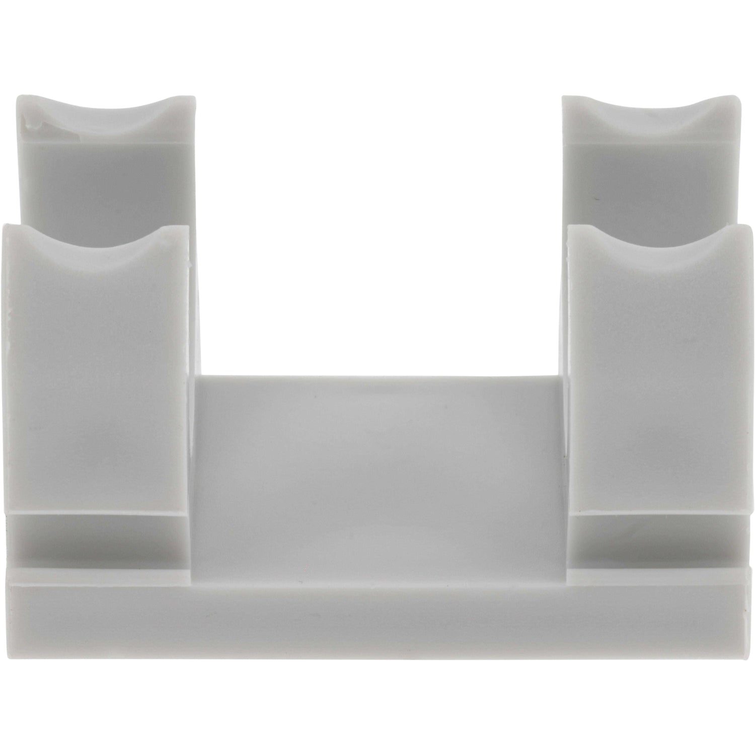 Grey/White plastic retainer part with two clips and two mounting holes shown on white background. 