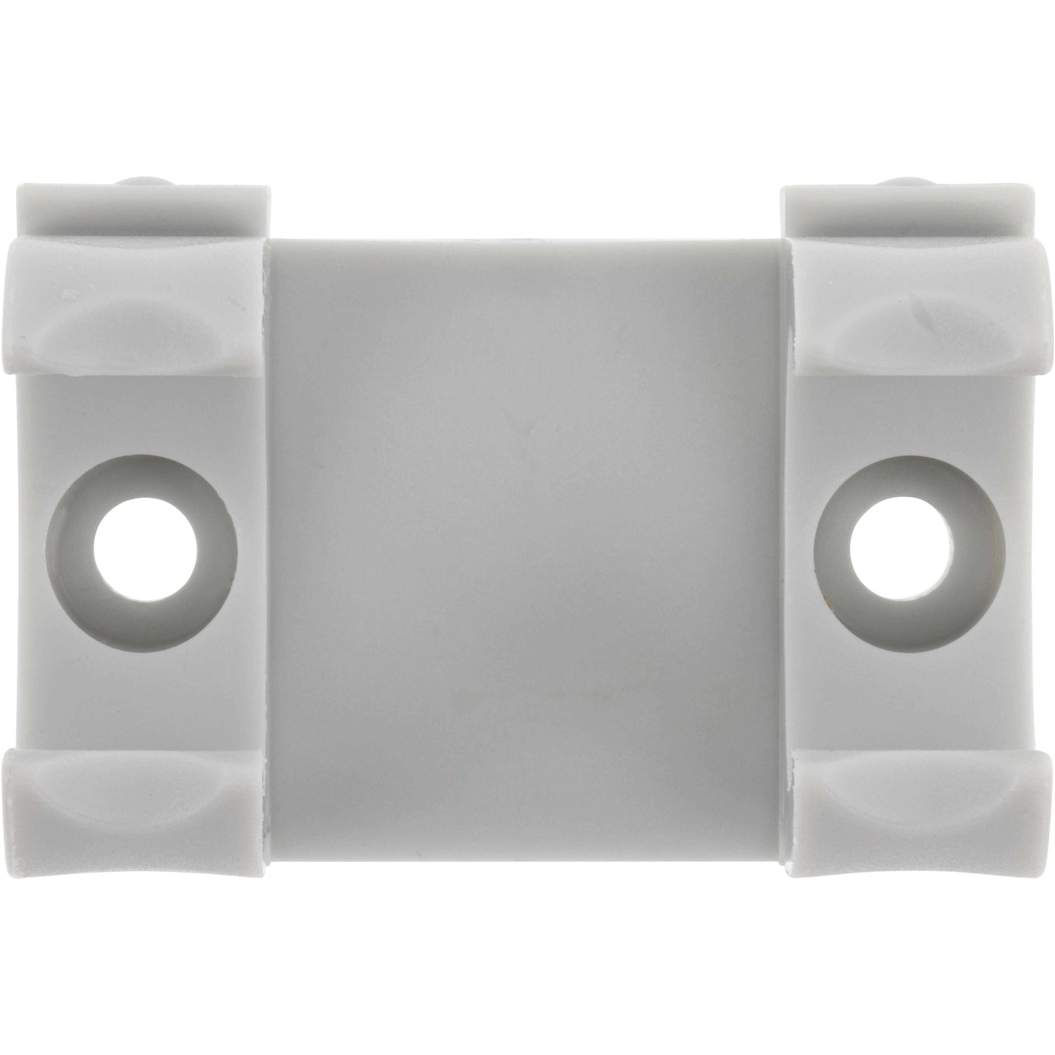 Grey/White plastic retainer part with two clips and two mounting holes shown on white background. 