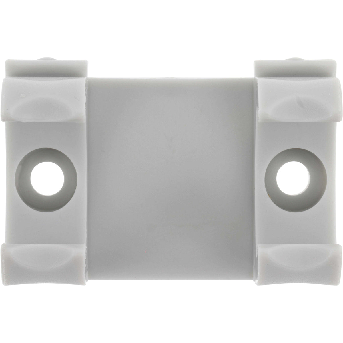 Grey/White plastic retainer part with two clips and two mounting holes shown on white background. 