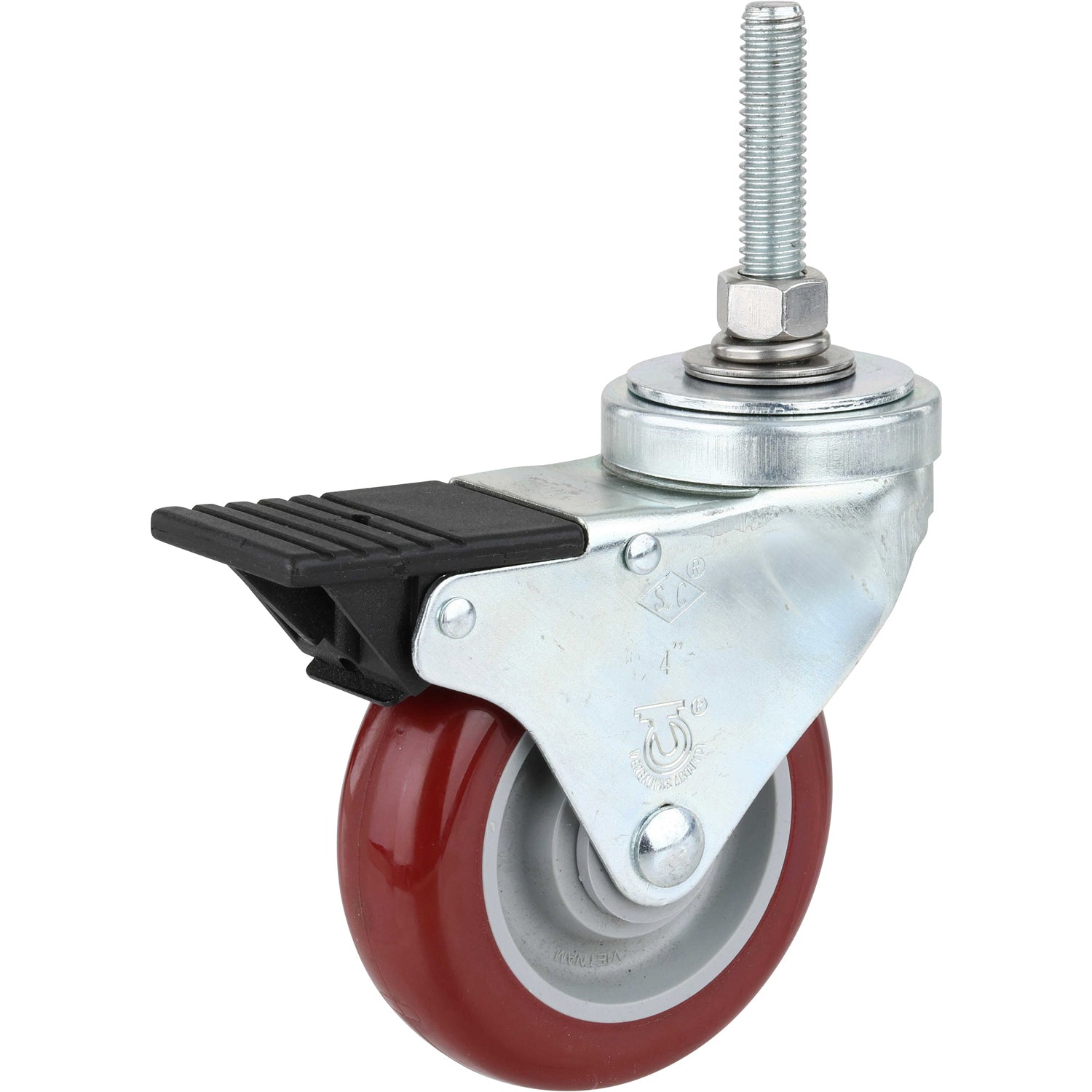 Zinc plated and red rubber caster with black break and threaded stem on white background.