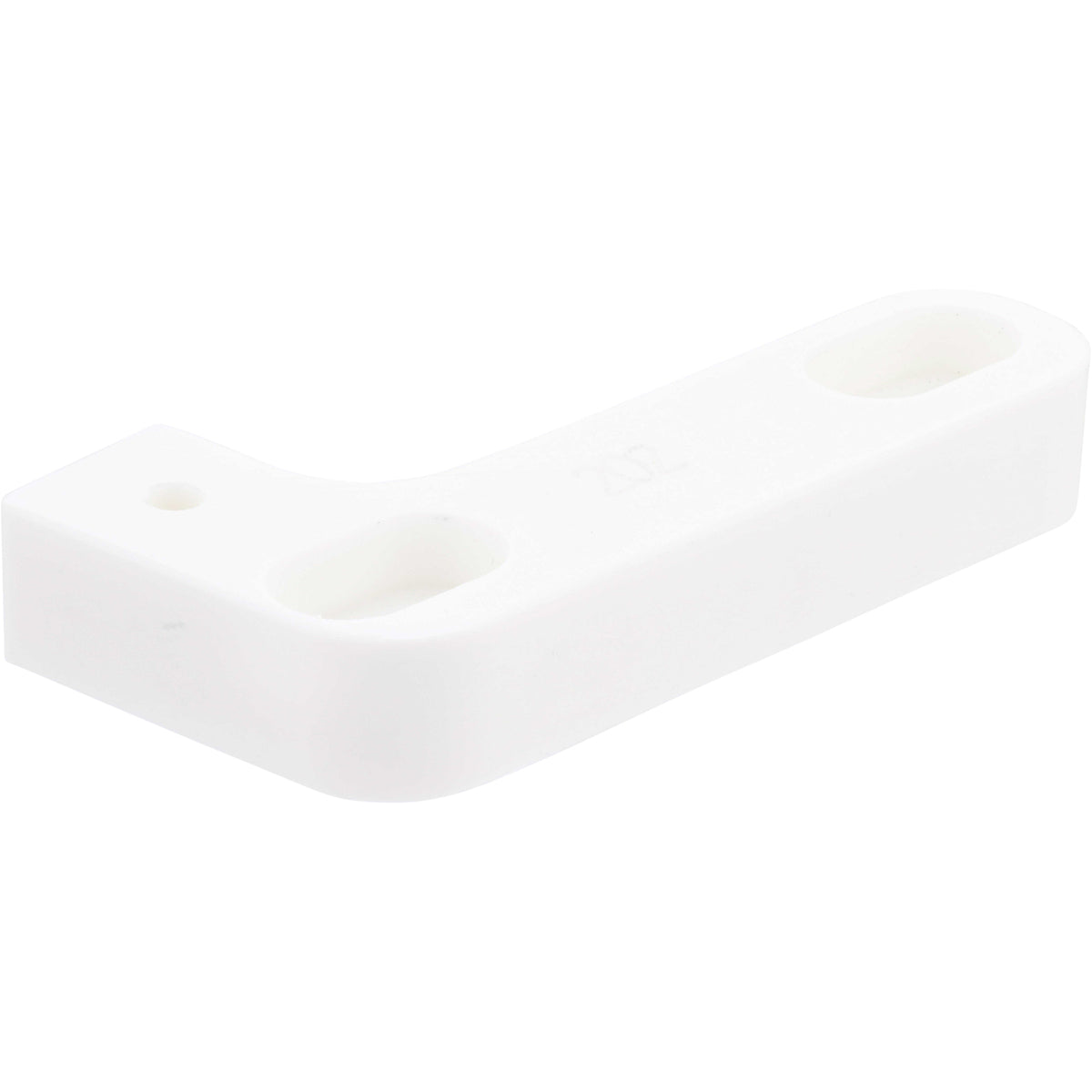 Small 90 degree white plastic rail with two mounting holes. Part shown on white background. 