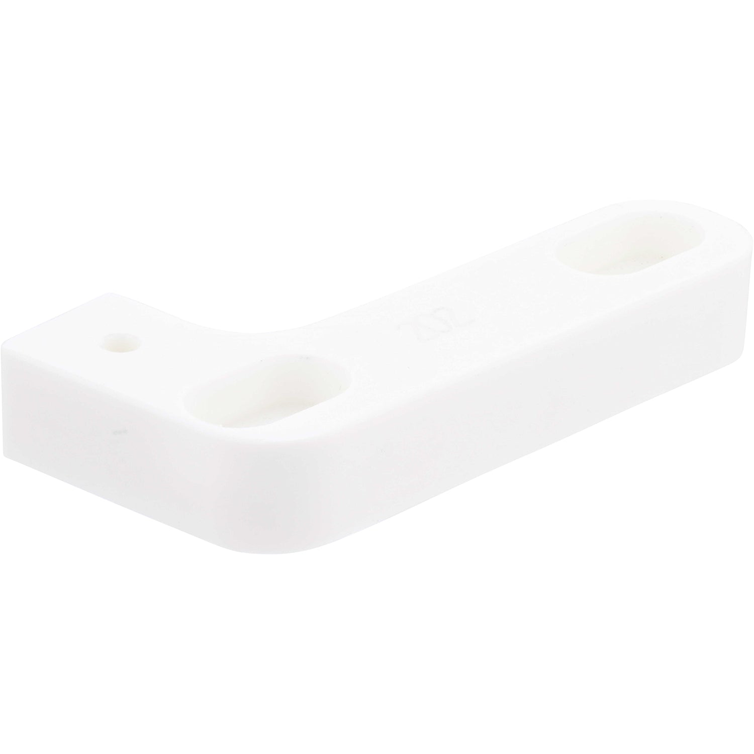 Small 90 degree white plastic rail with two mounting holes. Part shown on white background. 