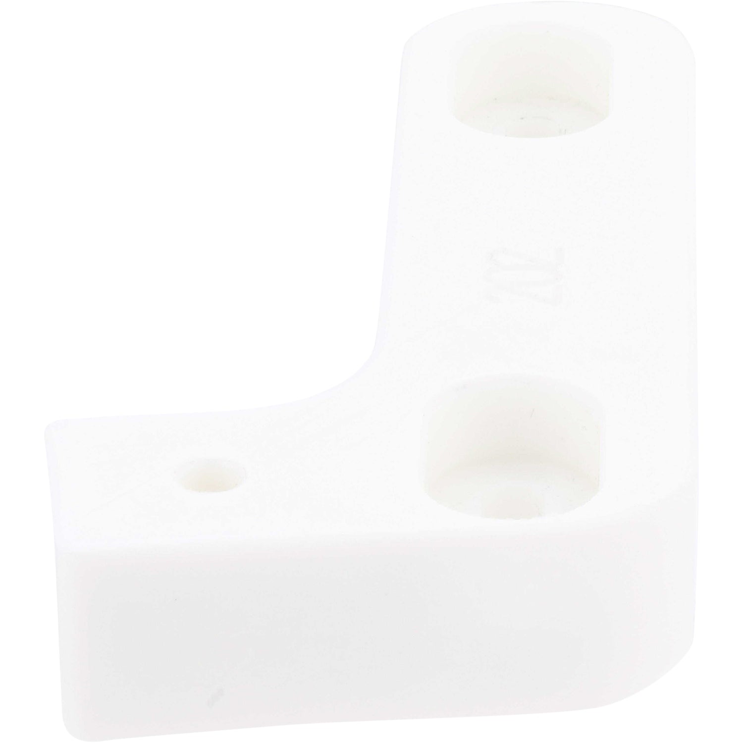Small 90 degree white plastic rail with two mounting holes. Part shown on white background. 