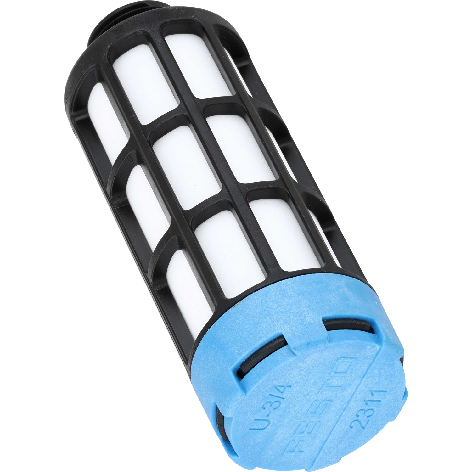 Blue, black and white MS6 pneumatic muffler on white background.