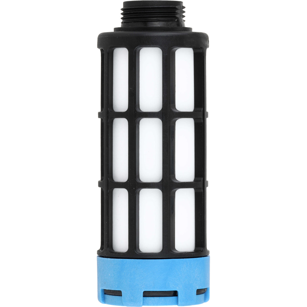 Blue, black and white MS6 pneumatic muffler on white background.