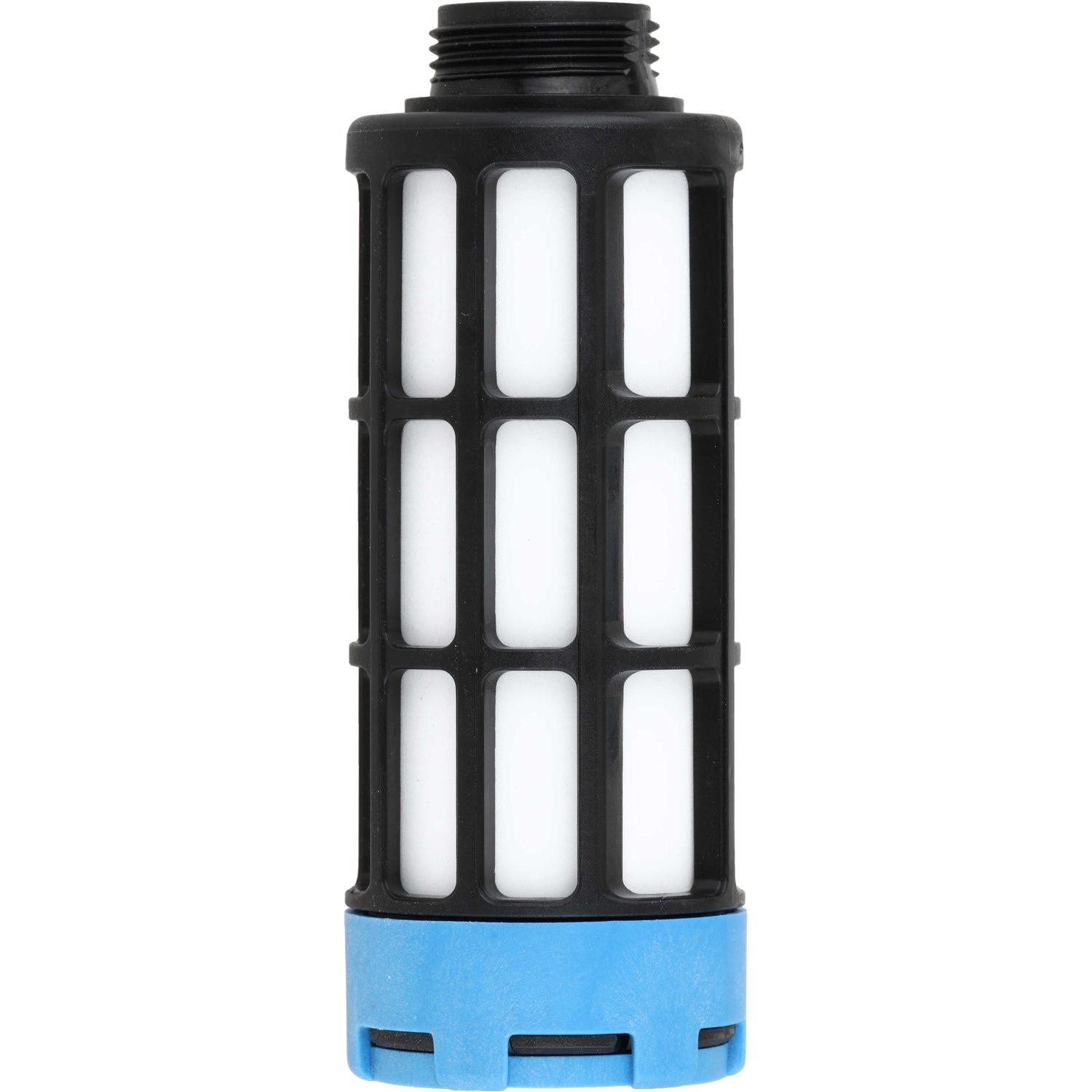 Blue, black and white MS6 pneumatic muffler on white background.