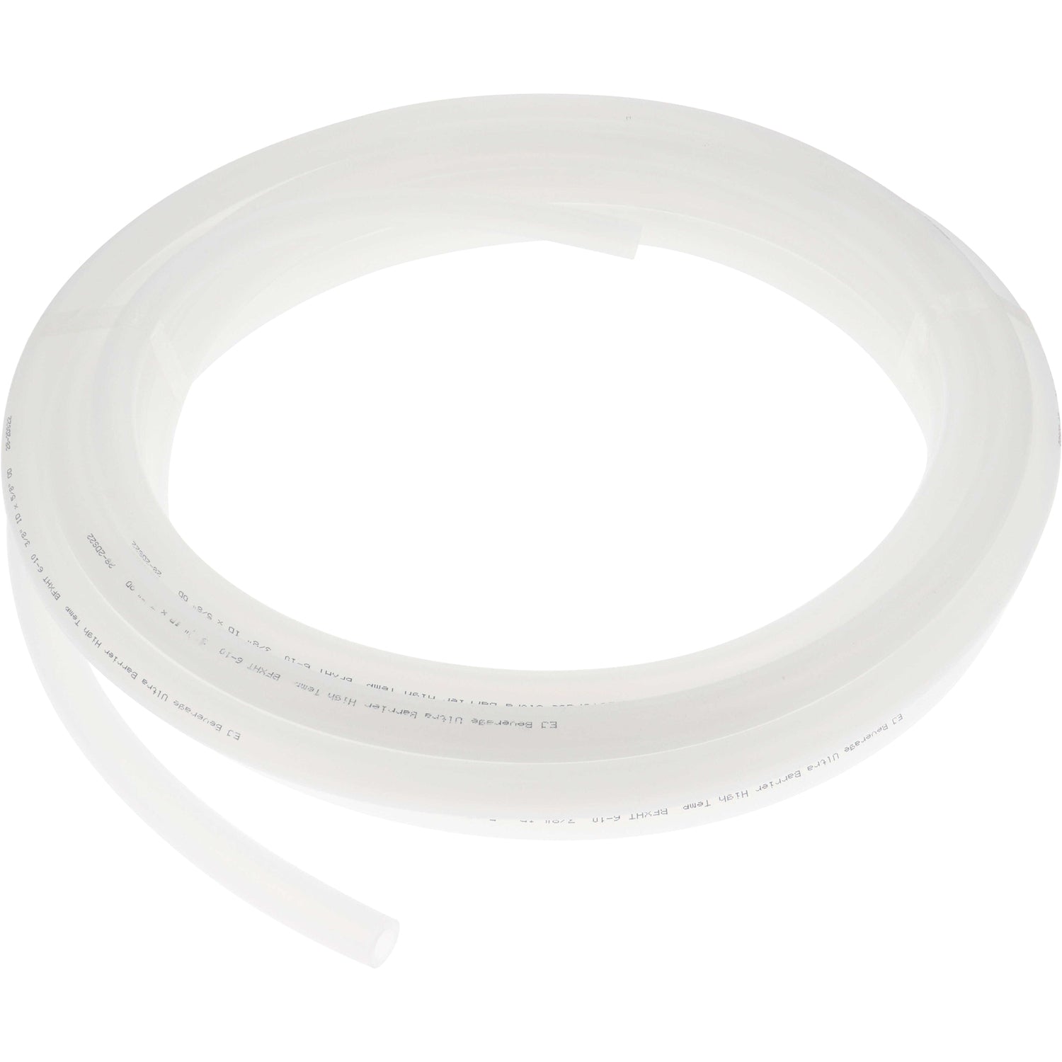 Semi transparent Thermoplastic Elastomer tubing coiled on white background. 08F01116