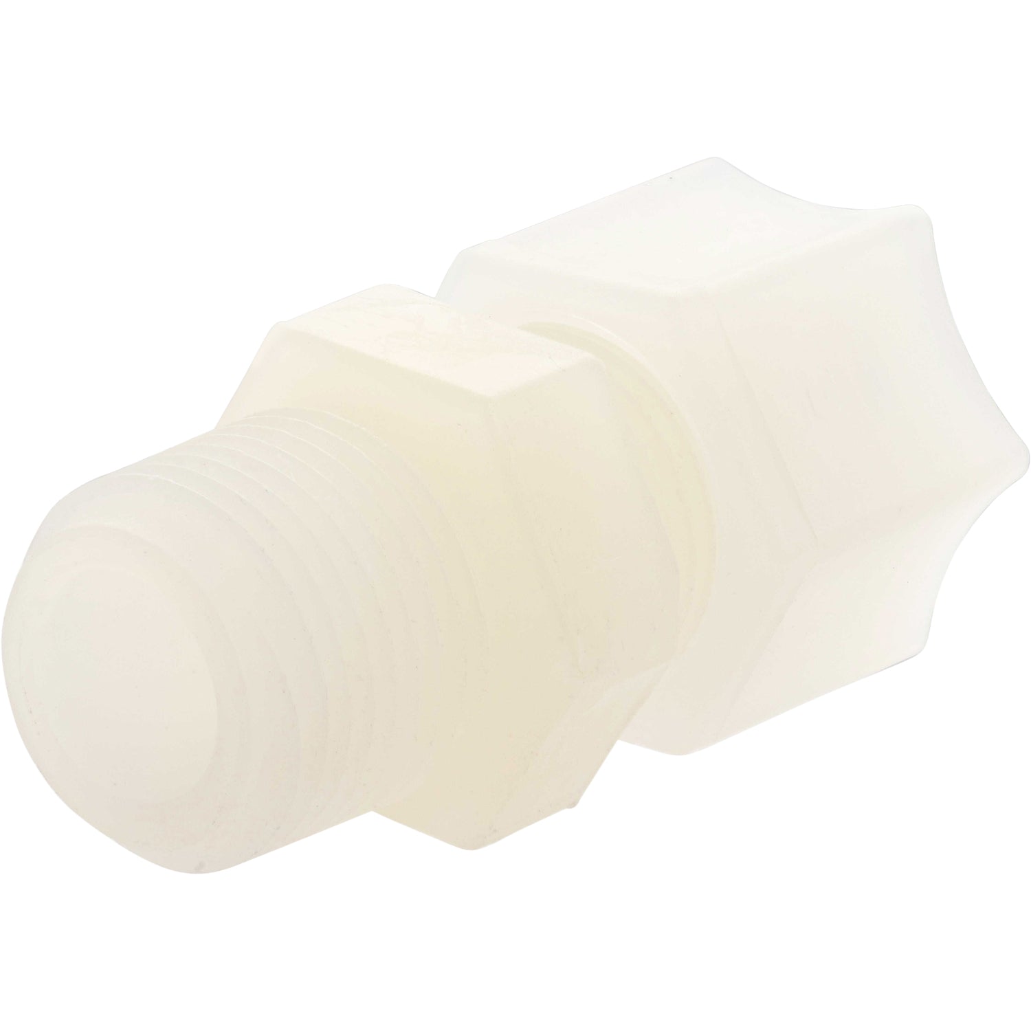 White plastic male connector with threading on one end and hexagonal gripper on the other end. Part shown on white background. 