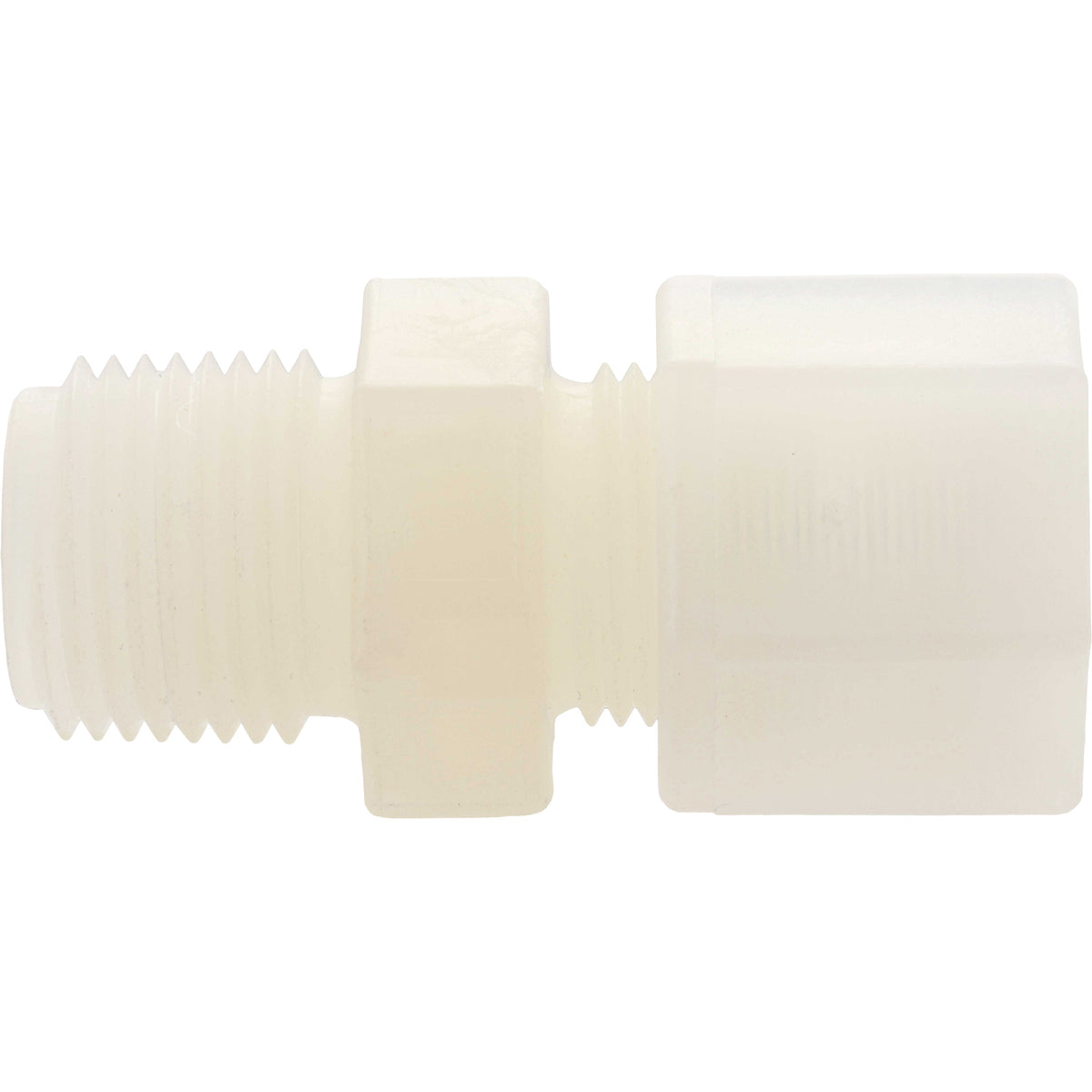 White plastic male connector with threading on one end and hexagonal gripper on the other end. Part shown on white background. 