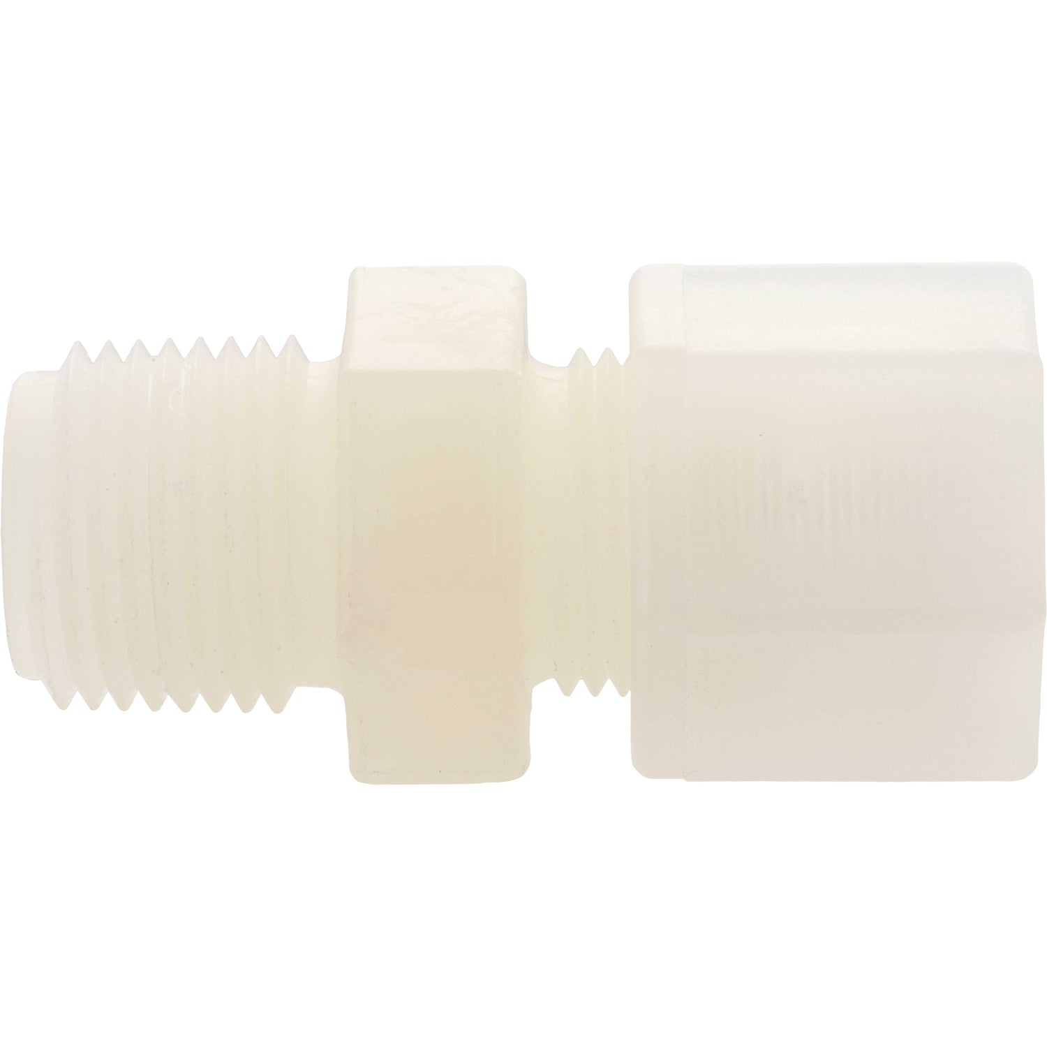 White plastic male connector with threading on one end and hexagonal gripper on the other end. Part shown on white background. 