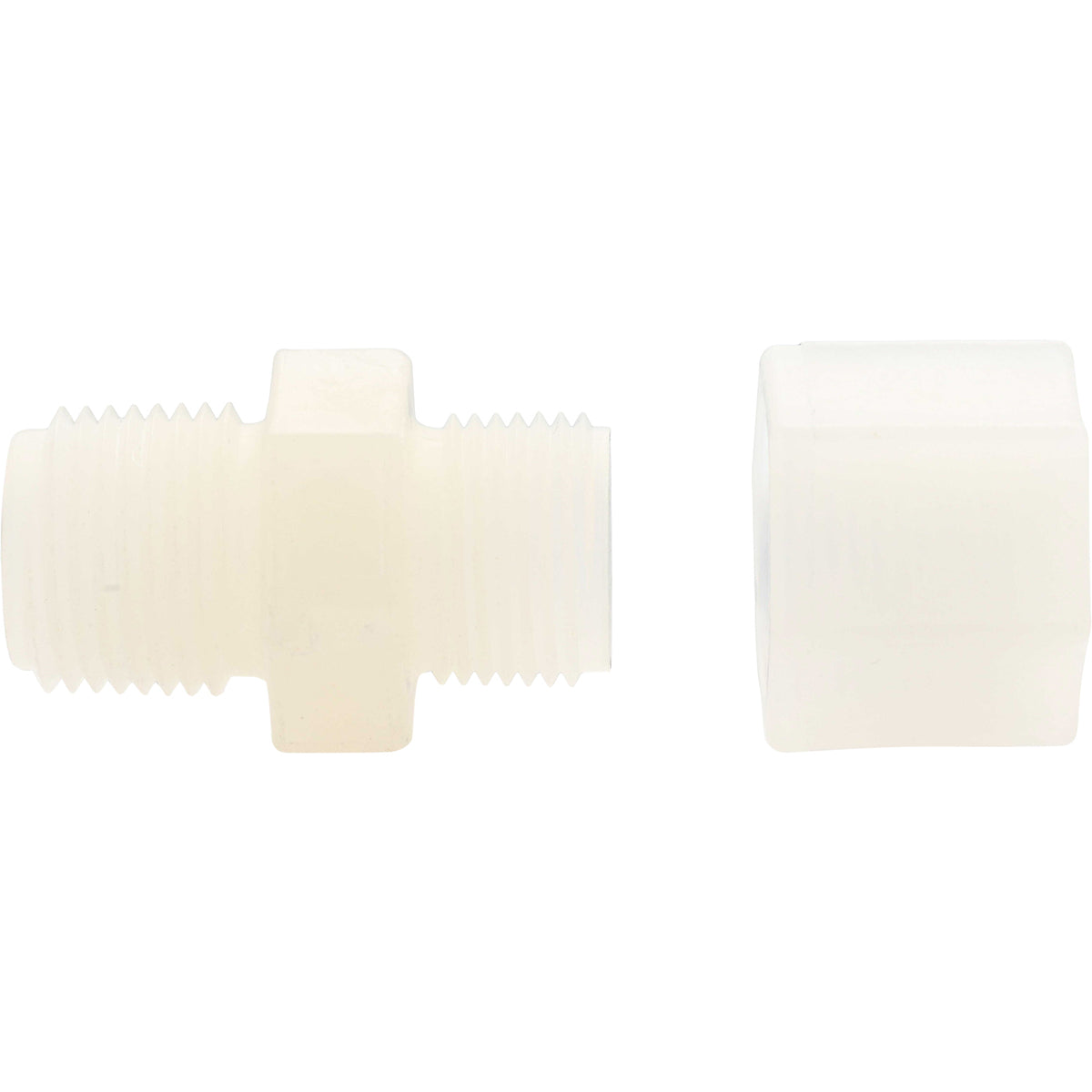 White plastic male connector with threading on one end and hexagonal gripper on the other end. Part shown on white background. 