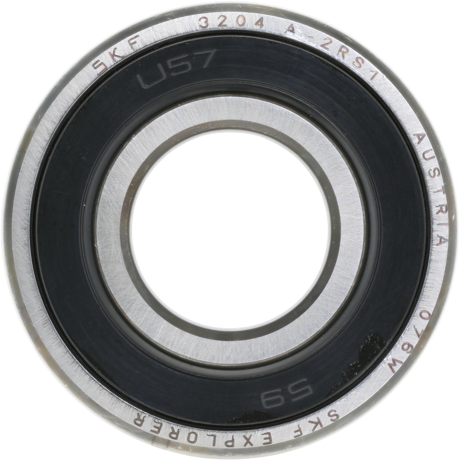 Double Row Angular Contact Bearing - 20 mm Bore, 47 mm OD, 0.8125 in Width, Open, 30 ° Contact Angle on white background. 