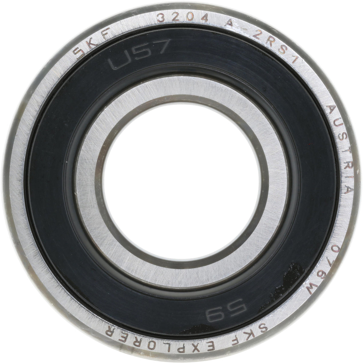 Double Row Angular Contact Bearing - 20 mm Bore, 47 mm OD, 0.8125 in Width, Open, 30 ° Contact Angle on white background. 