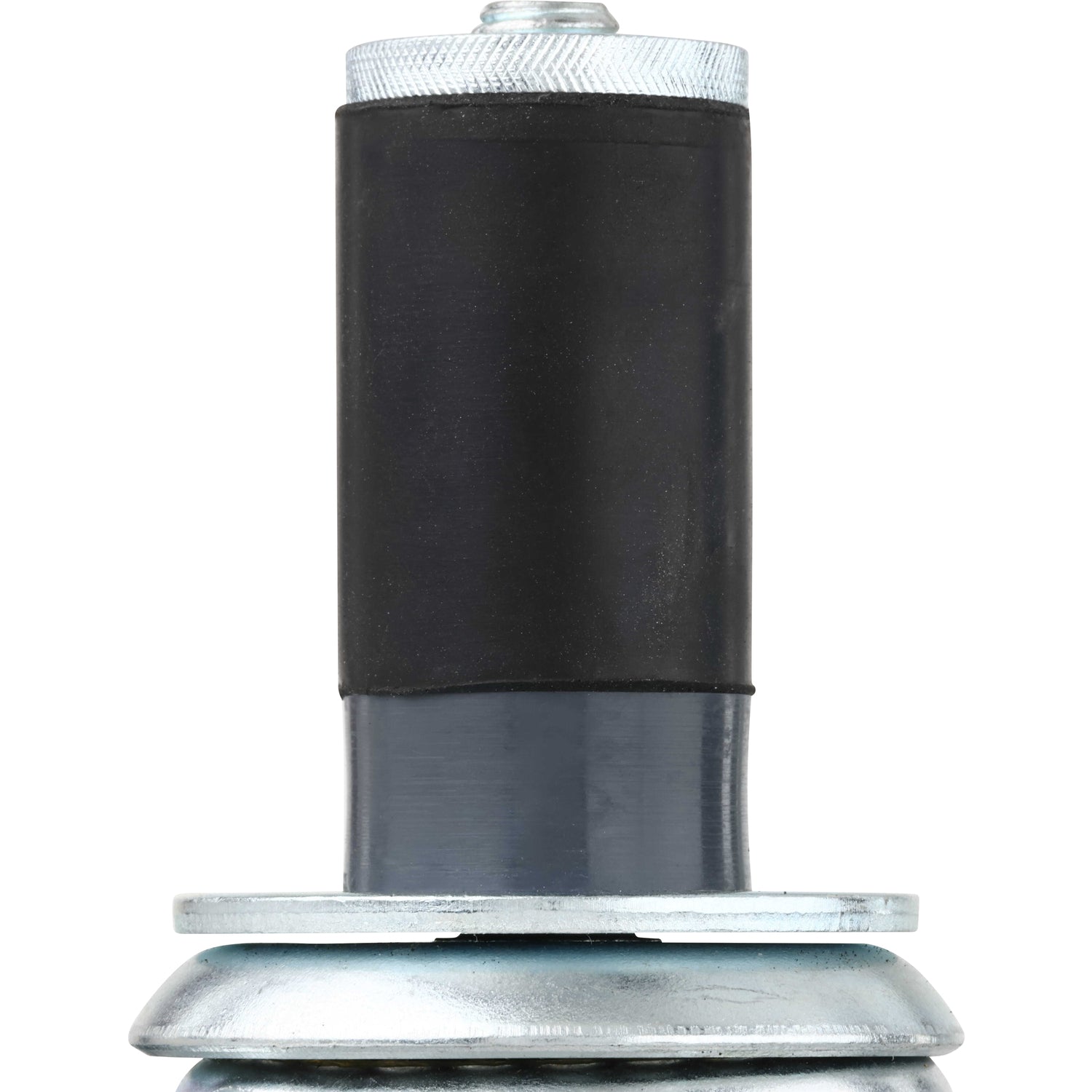Black rubber tension mount section of caster with nickel plated knurled cap on top shown on white background. 