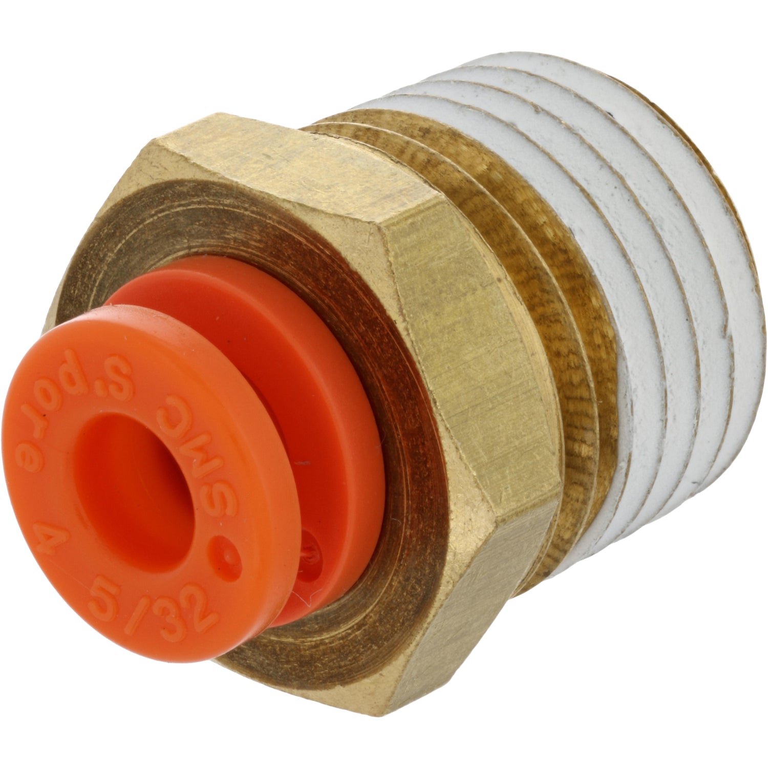Brass threaded male connector with orange push collar on white background. 