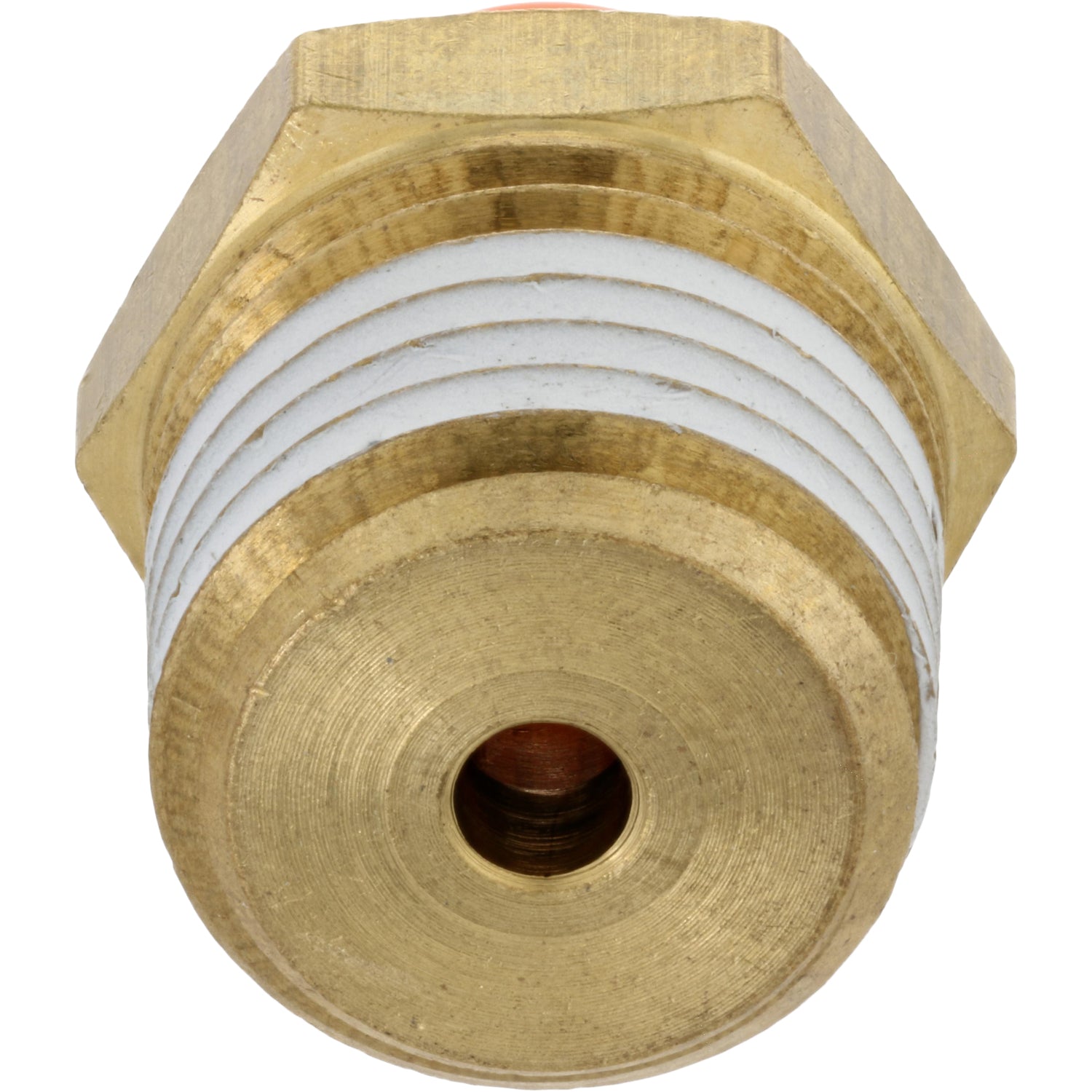 Brass threaded male connector with orange push collar on white background. 