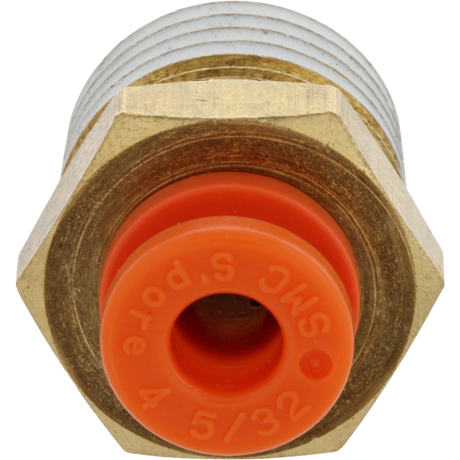 Brass threaded male connector with orange push collar on white background. 