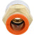 Push connect with orange plastic push collar and brass threads. Part shown on white background. 