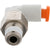 White plastic elbow fitting with brass threads and orange collar on white background.