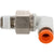 White plastic elbow fitting with brass threads and orange collar on white background.