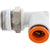 White plastic elbow fitting with brass threads and orange collar on white background.