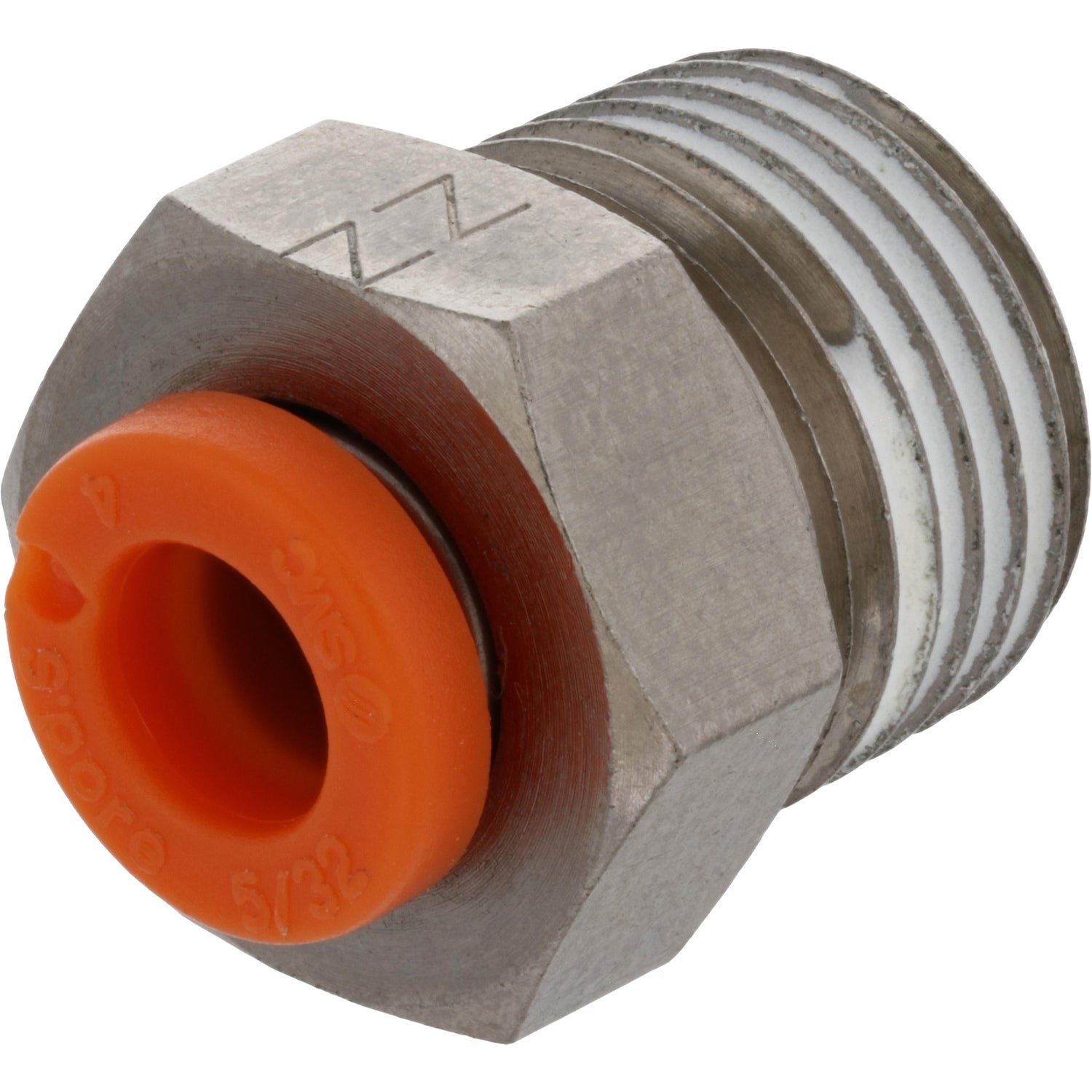 Brass threaded connector with orange plastic collar on white background. 