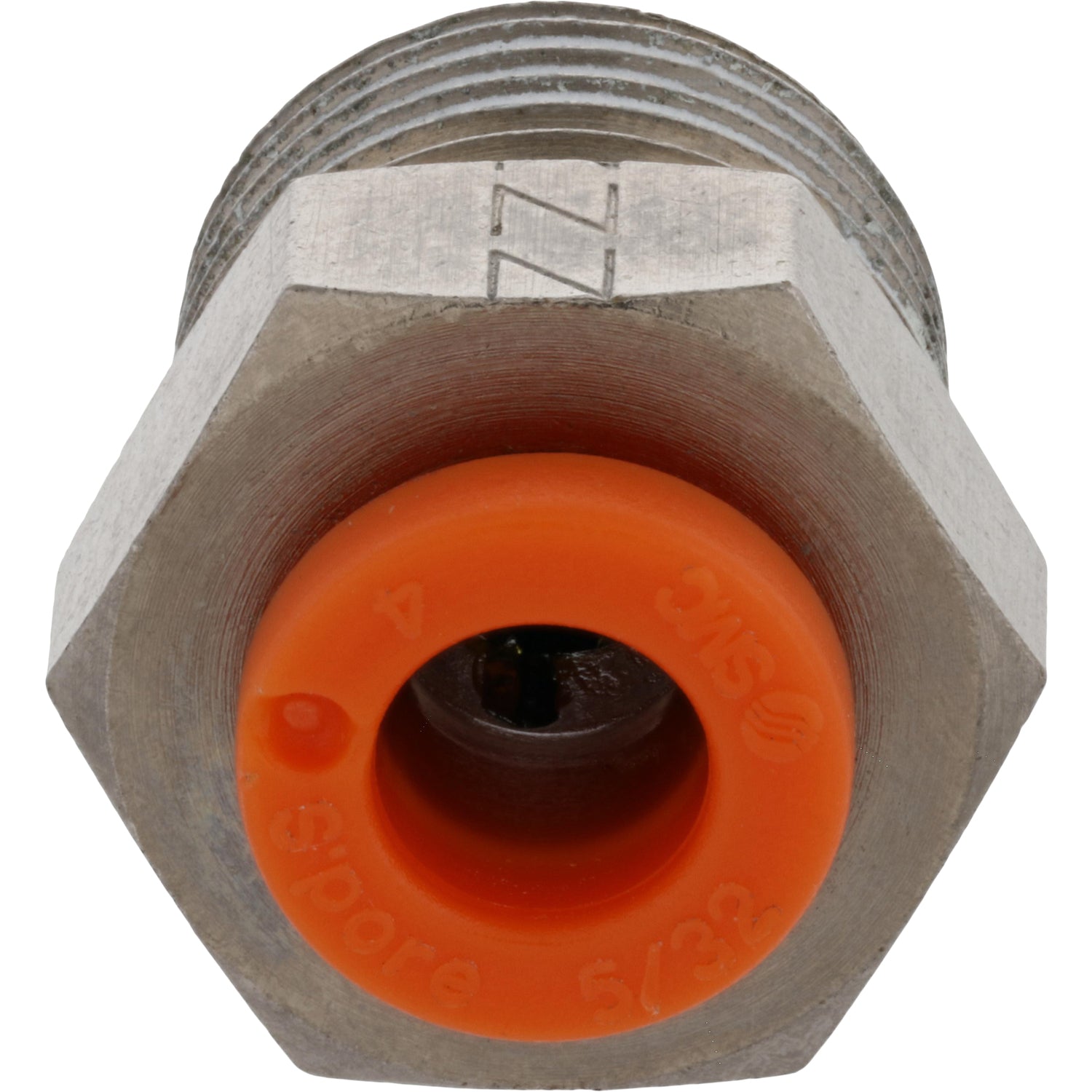Brass threaded connector with orange plastic collar on white background. 