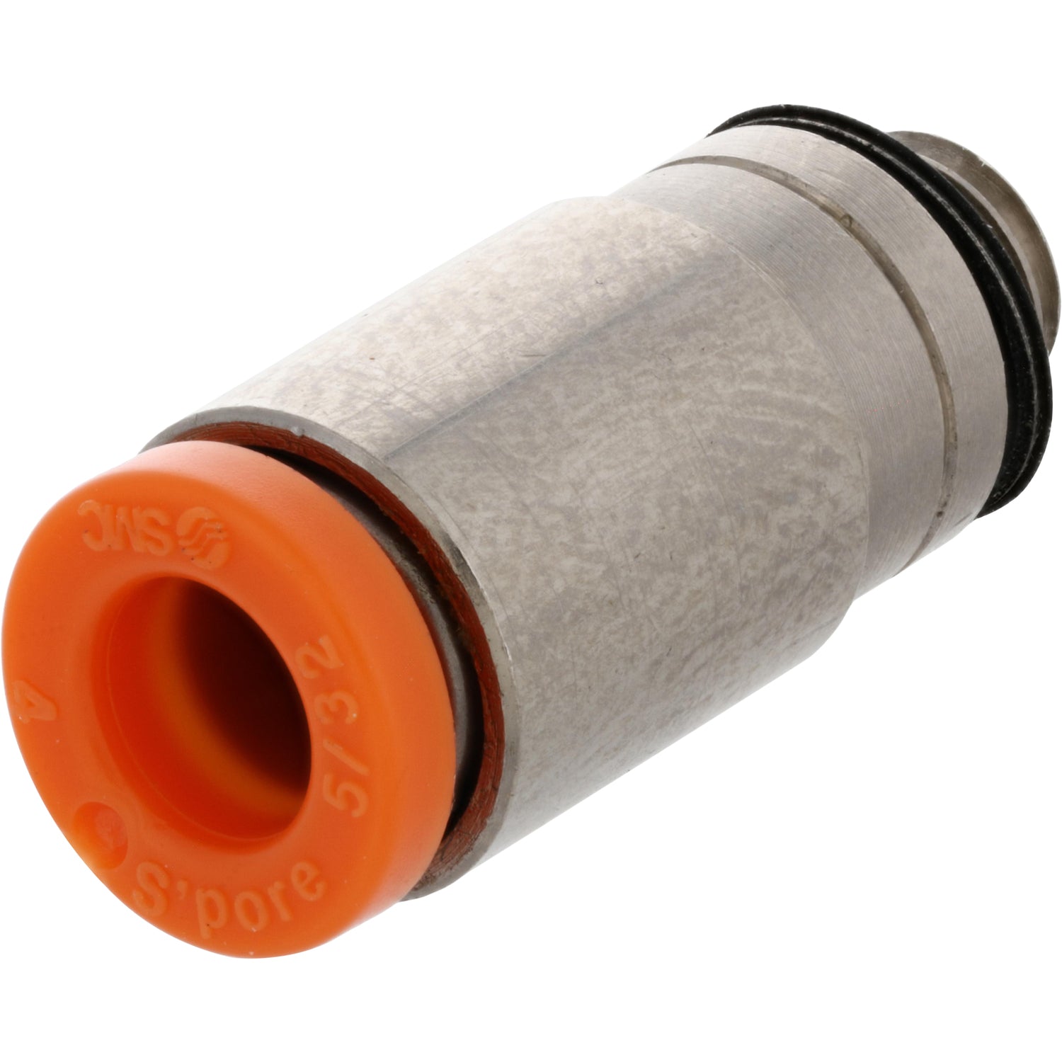 Straight brass connector with orange collar on white background. 