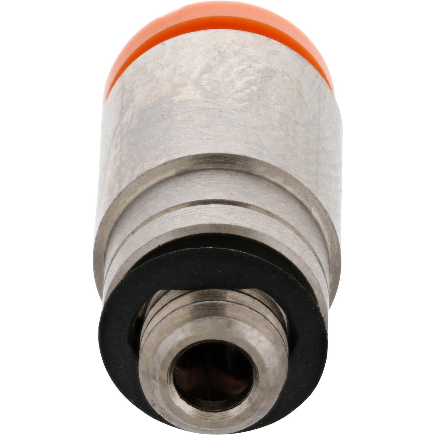 Straight brass connector with orange collar on white background. 
