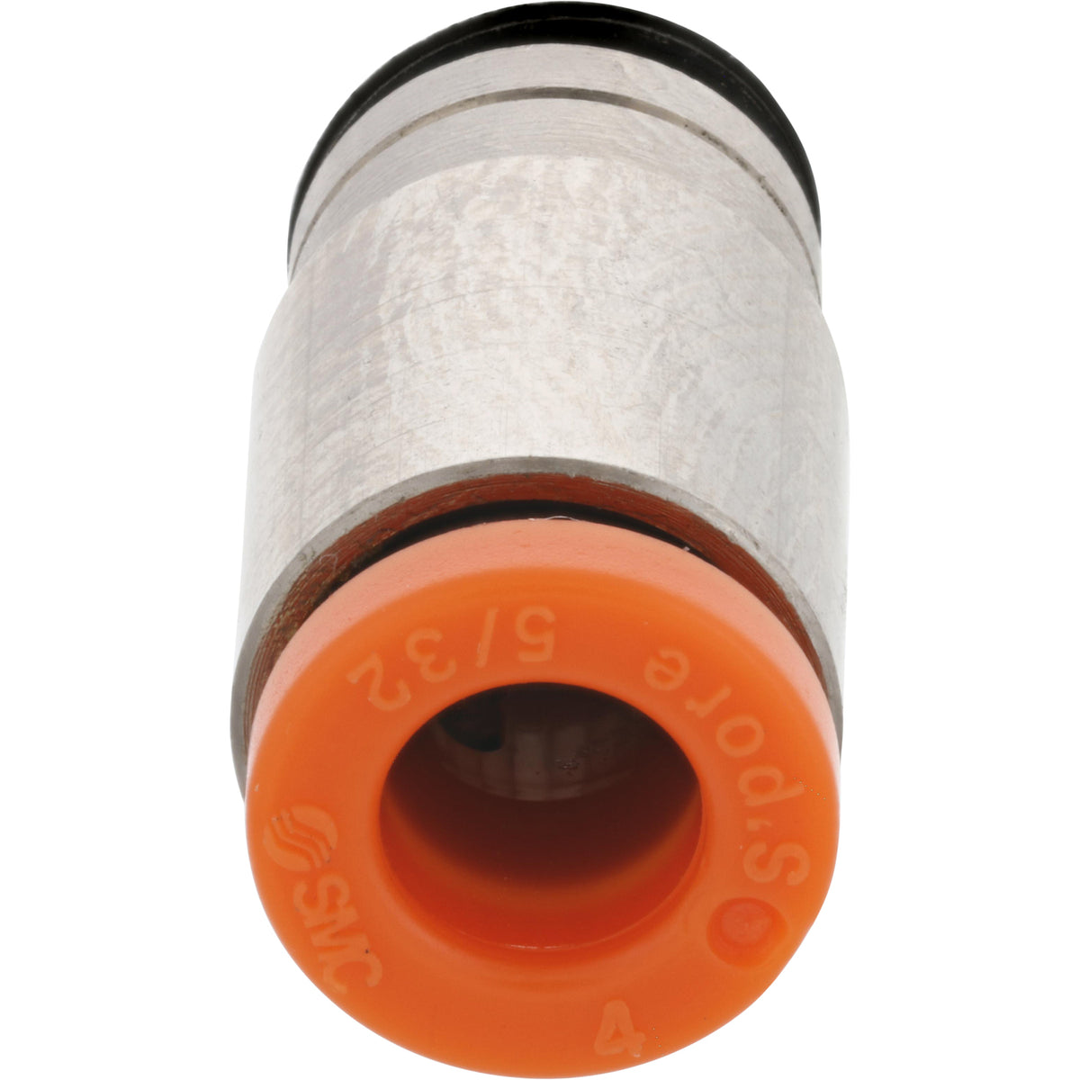 Straight brass connector with orange collar on white background. 