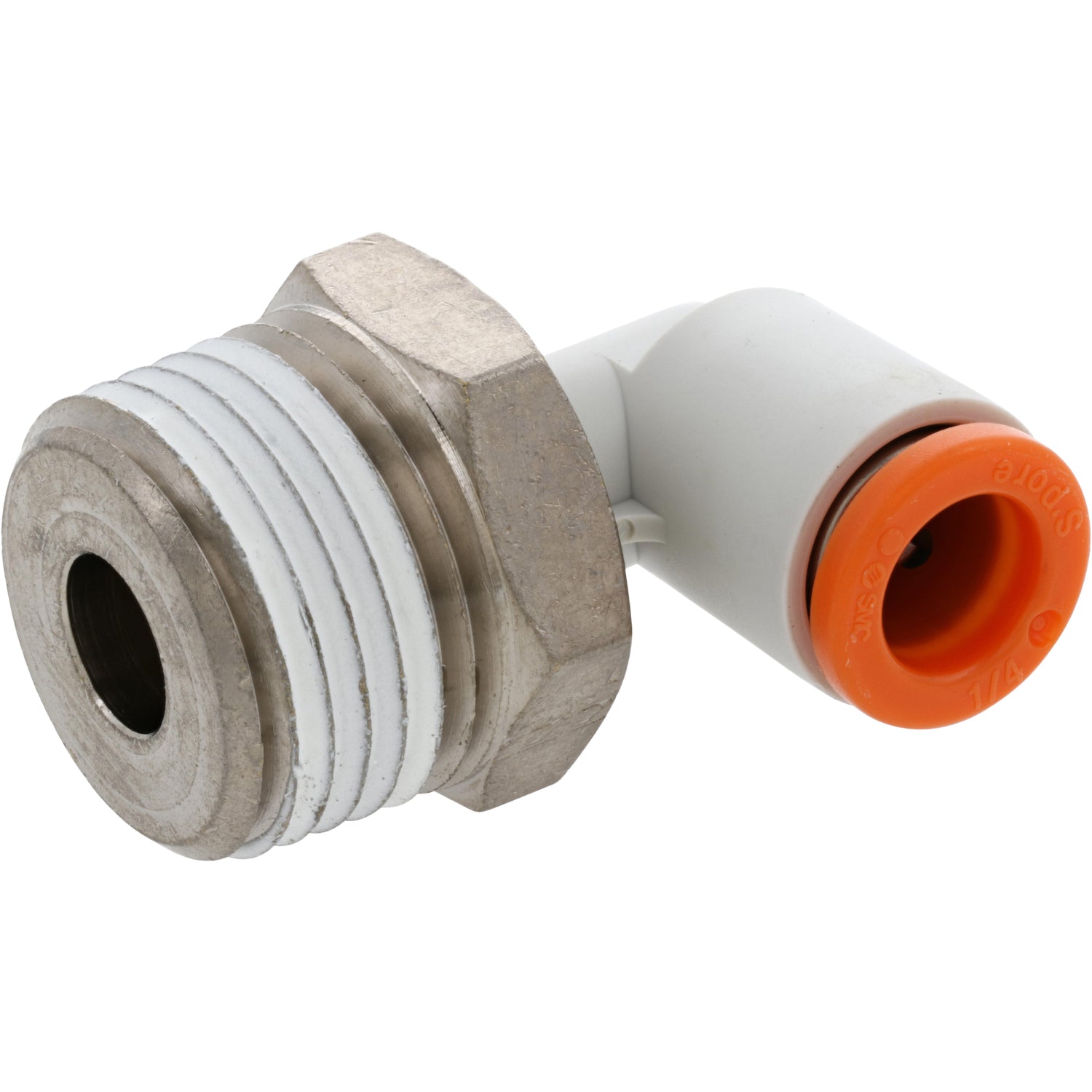 Brass threaded push-in connector with orange collar on white background.