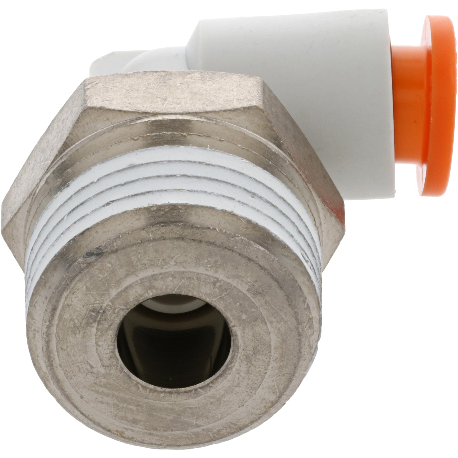 Brass threaded push-in connector with orange collar on white background.