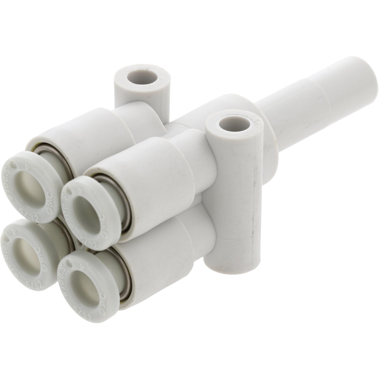 White plastic push-in quad-connector with white collars on white background.