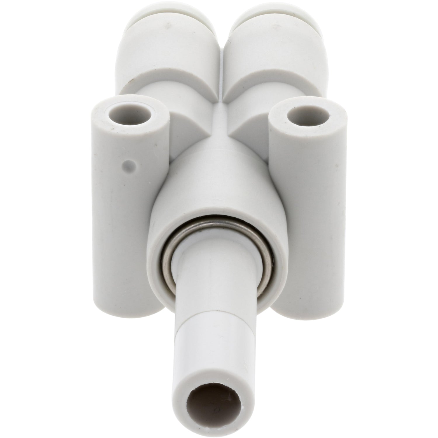 White plastic push-in quad-connector with white collars on white background.