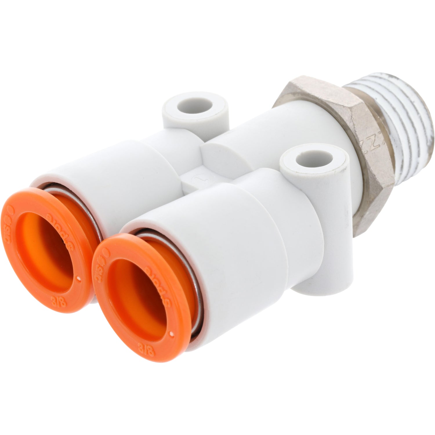 White plastic push-in Y- connector with orange collar on white background.