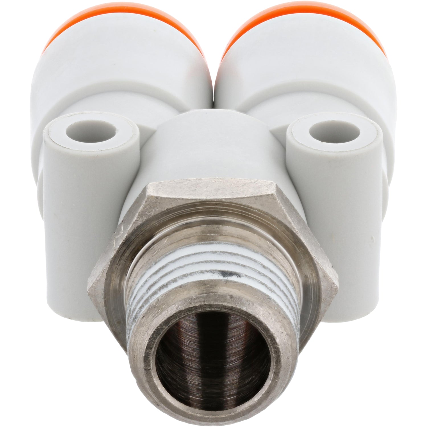 White plastic push-in Y- connector with orange collar on white background.