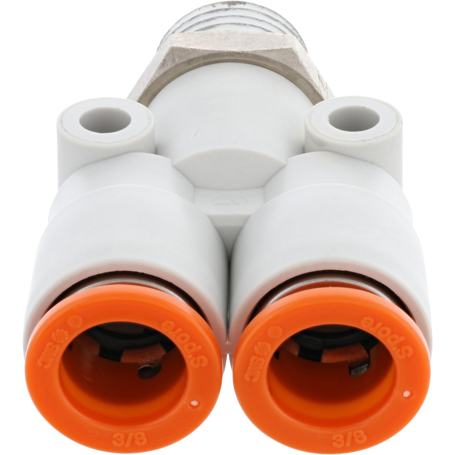 White plastic push-in Y- connector with orange collar on white background.