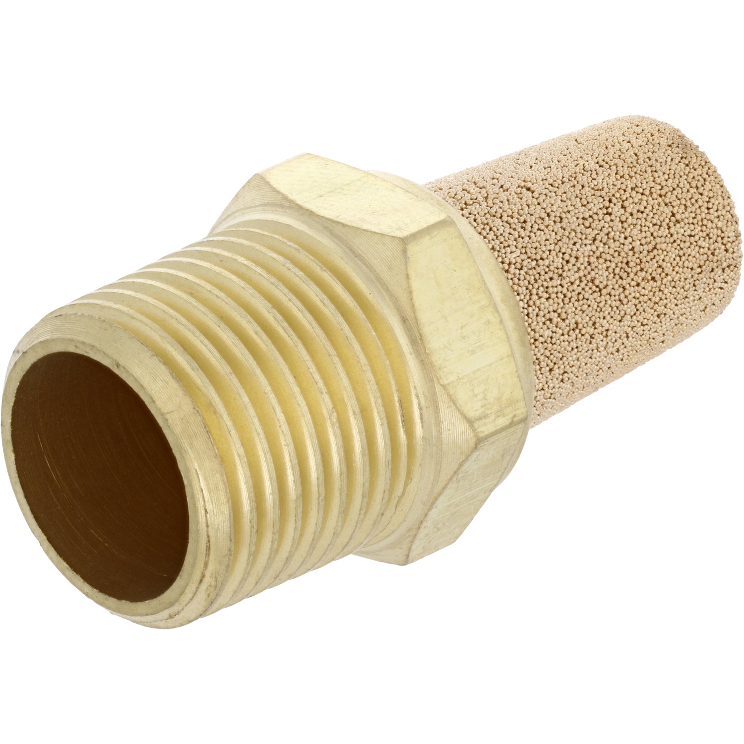 Brass cone shapped porous metal filter-muffler with 3/8 NPT threads on white background. 