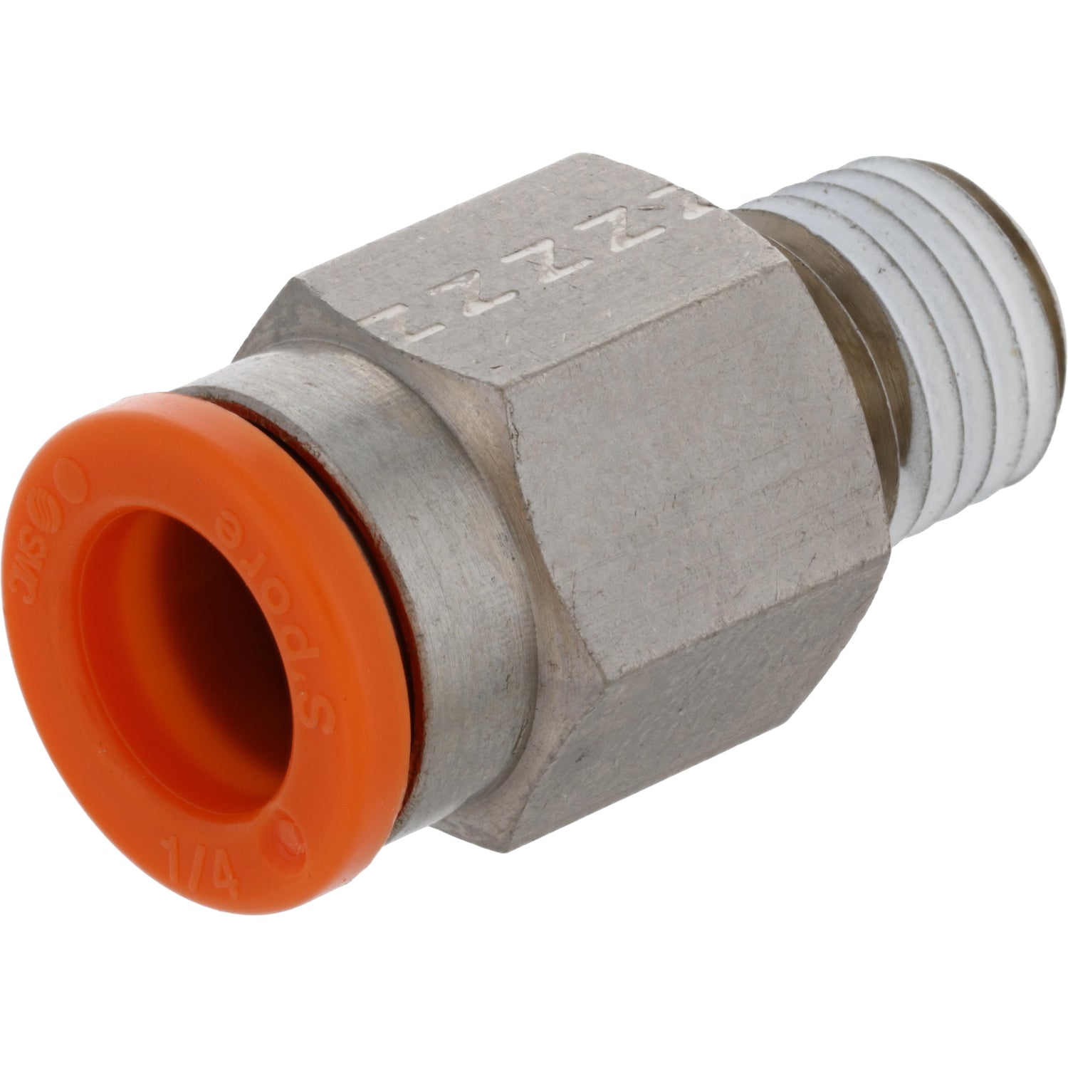 Brass push-in connector with orange collar on white background.