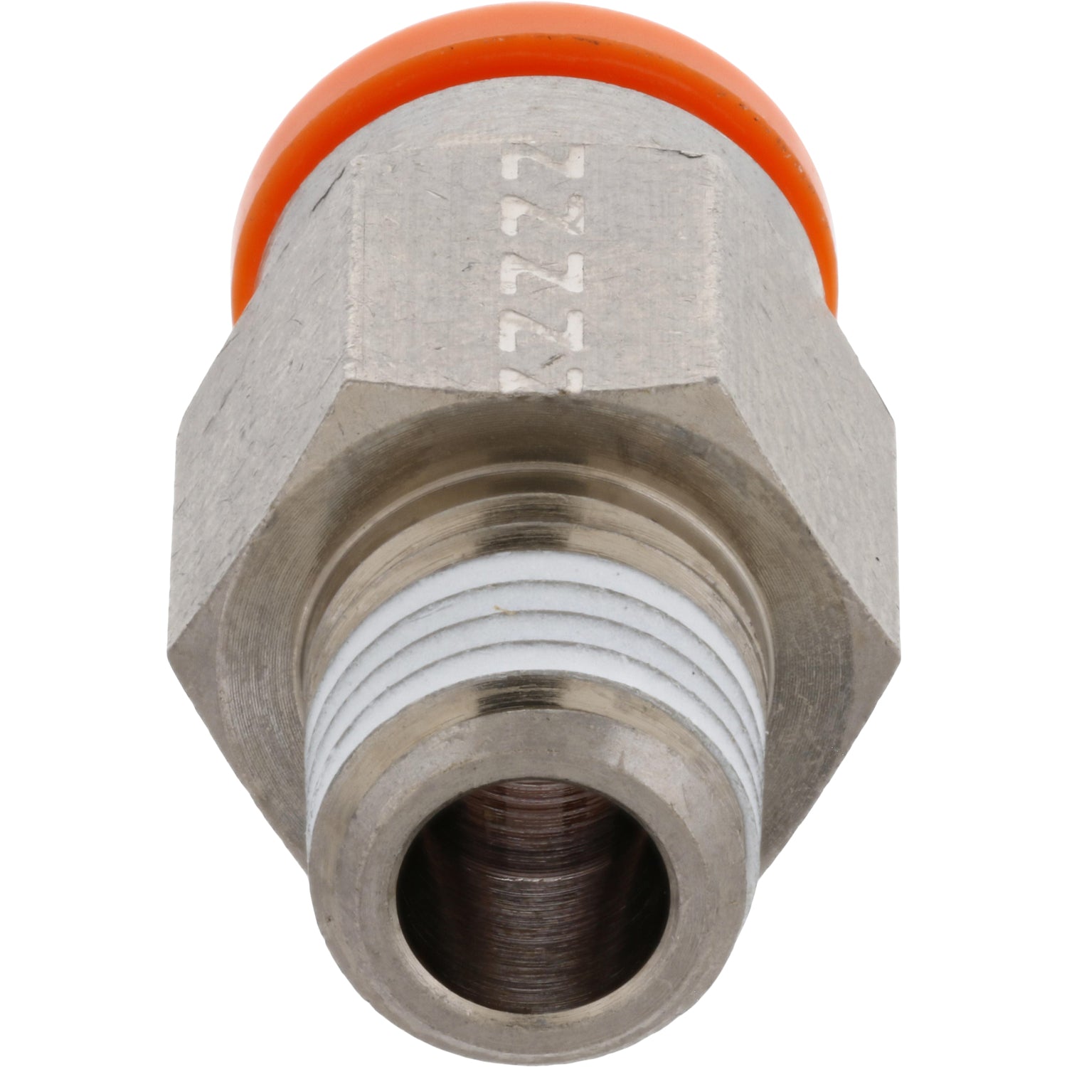 Brass push-in connector with orange collar on white background.