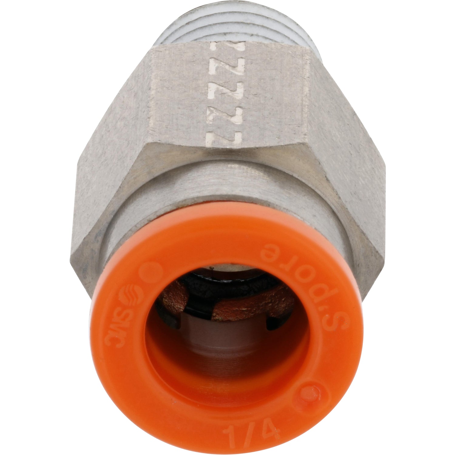 Brass push-in connector with orange collar on white background.