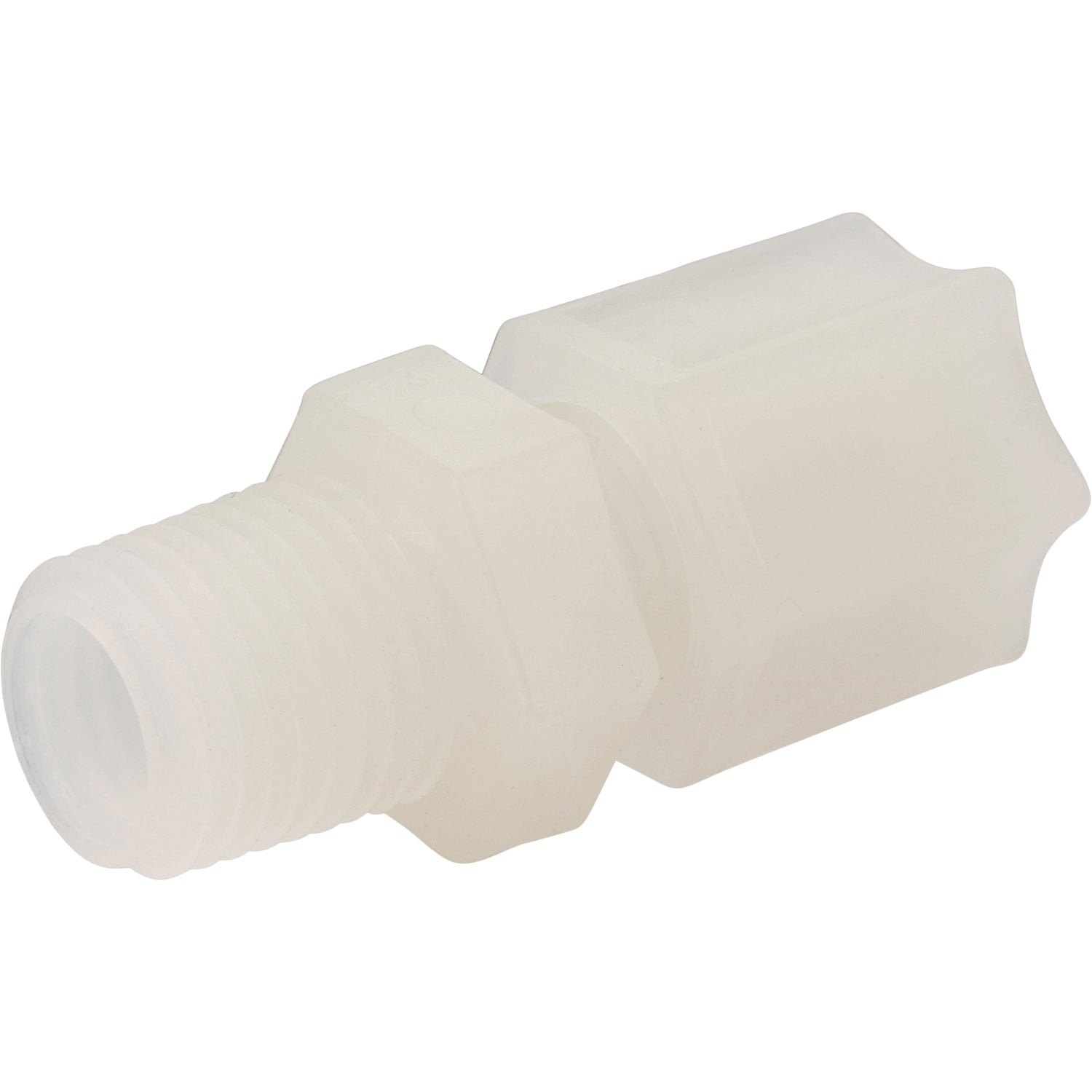 White plastic male connector with threading on one end and hexagonal gripper on the other end. Part shown on white background. 