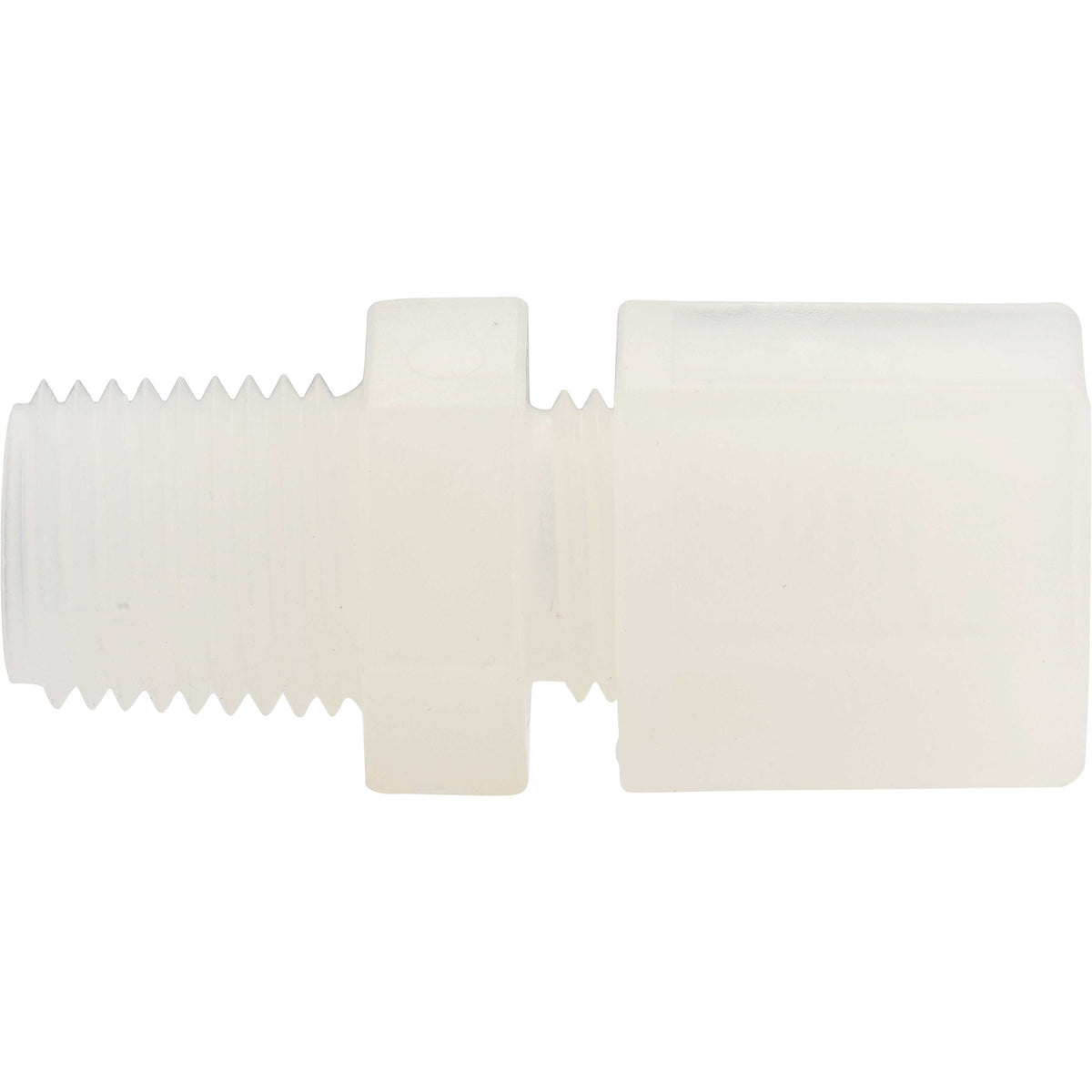 White plastic male connector with threading on one end and hexagonal gripper on the other end. Part shown on white background. 