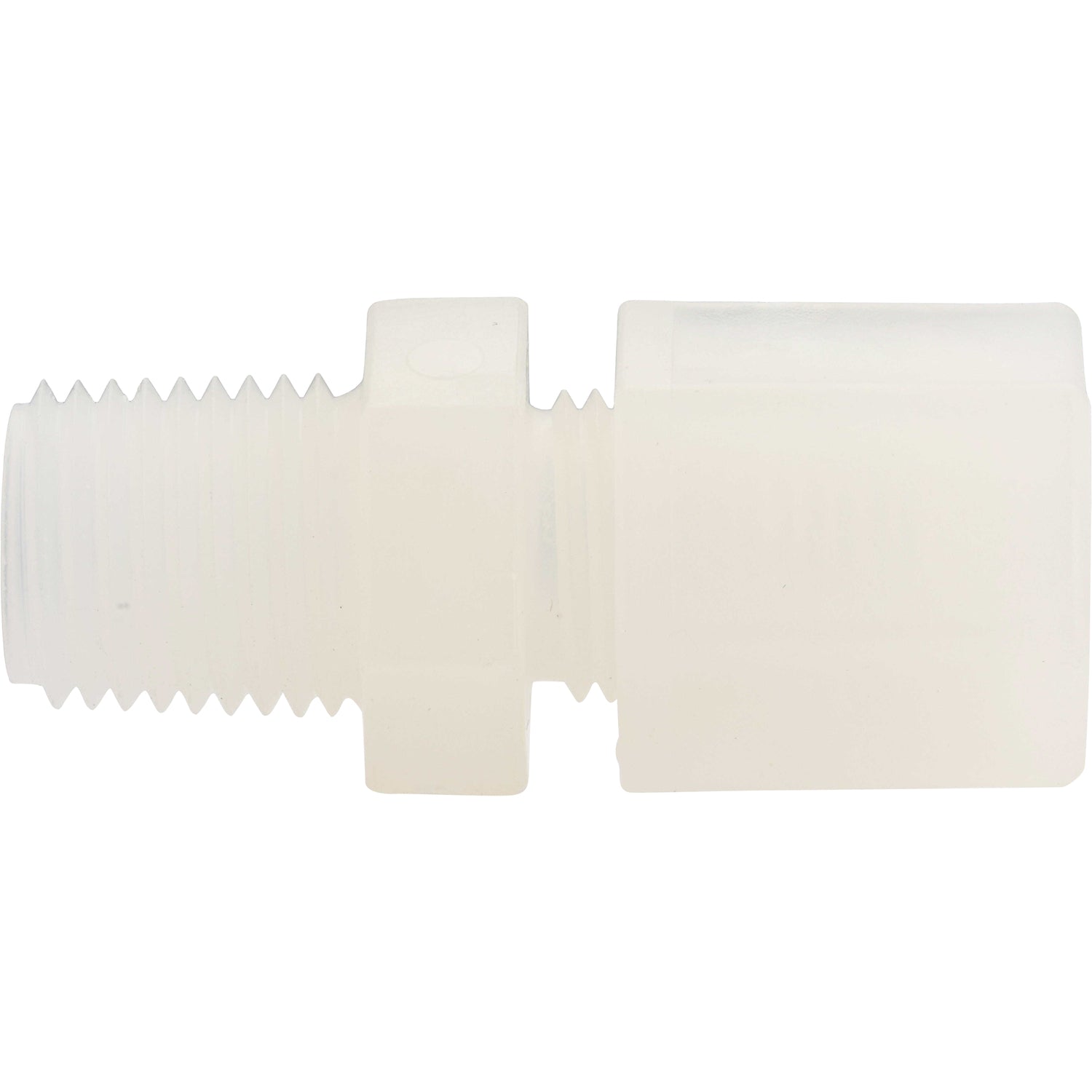 White plastic male connector with threading on one end and hexagonal gripper on the other end. Part shown on white background. 