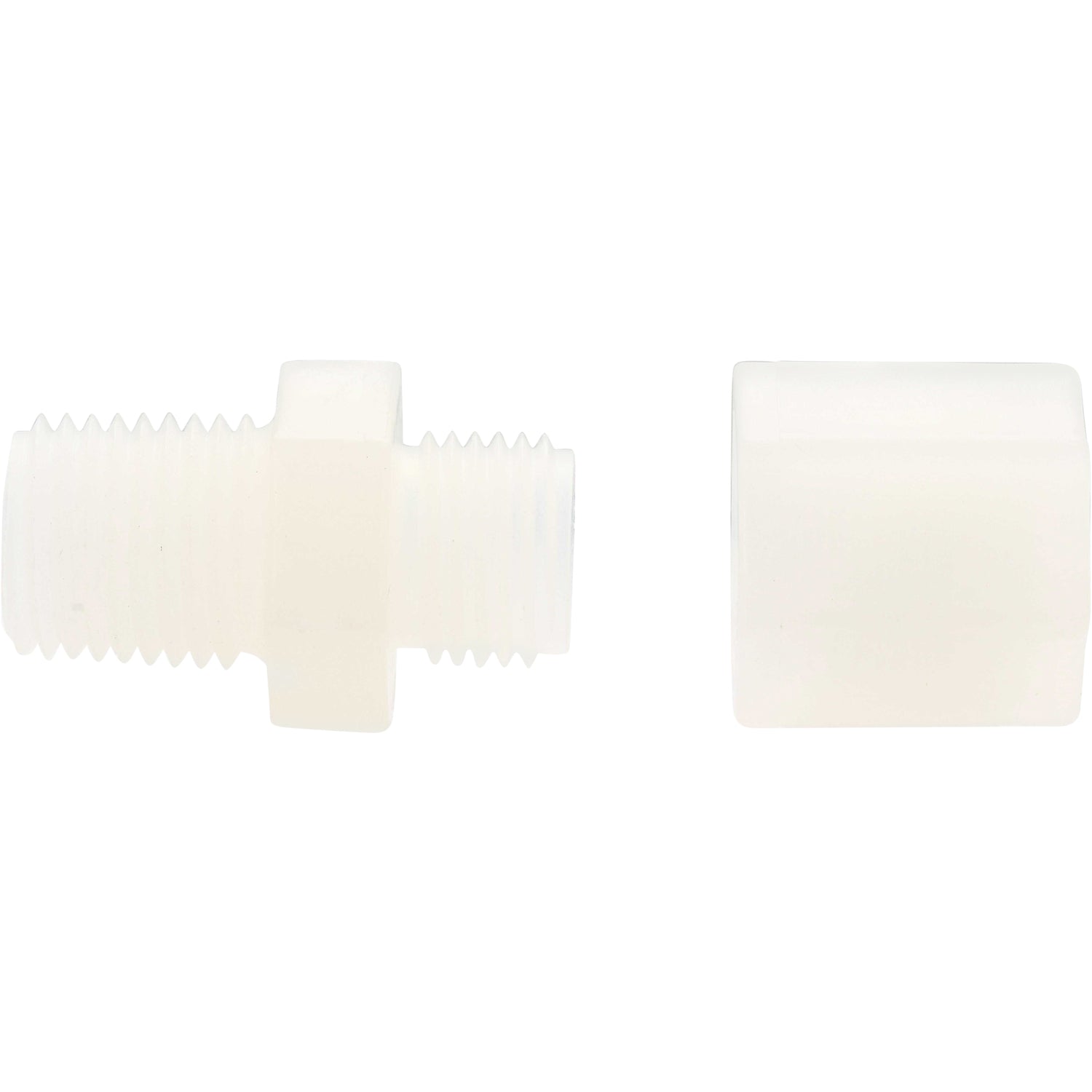 White plastic male connector with threading on one end and hexagonal gripper on the other end. Part shown on white background. 