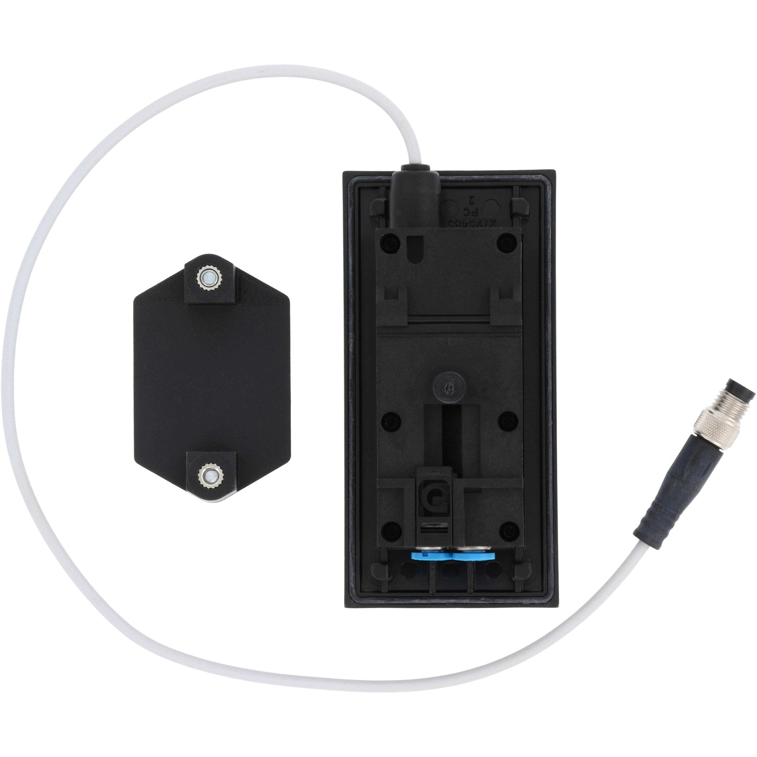 black rectangular pressure sensor with digital display, blue push buttons and mounting bracket on white background. 