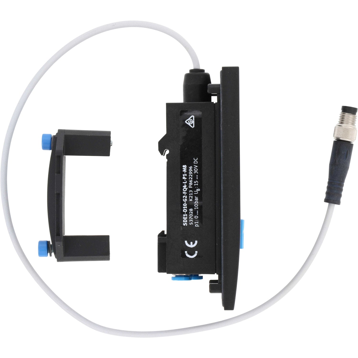 black rectangular pressure sensor with digital display, blue push buttons and mounting bracket on white background. 