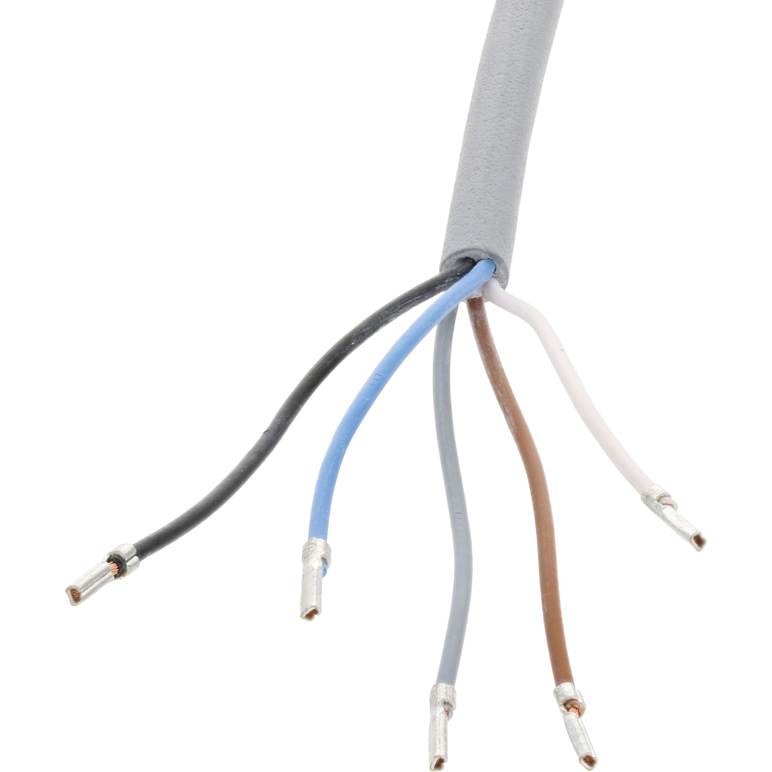 Grey connecting cable with exposed black, blue, grey, brown and white wires on white background.